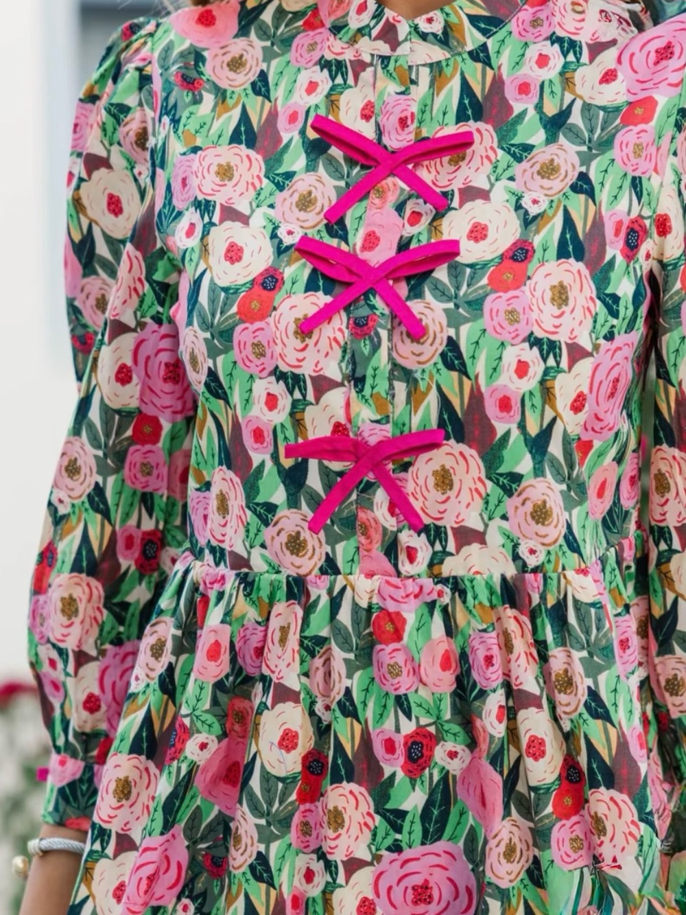 Shop The Mint Floral Bow Front Mini Dress Pink, Green, Yellow Small 3/4 Sleeves - Picture 7 of 13